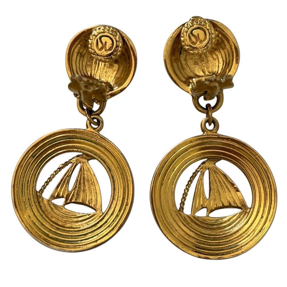 St John Earrings Cruise Nautical Spell Out Clip On Black Enamel Gold Vintage - Picture 3 of 7